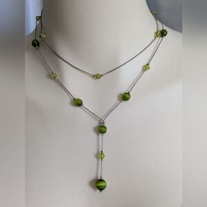 Green Beaded Double Strand Y Necklace Silver Tone Chain Boho Bohemian Whimsygoth